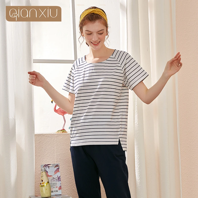 Spring Summer Sleep Tops   Tottoms Cotton Black White Striped Round Collar Short Sleeved Trouser Sleepwear Suit Casual HomeWear