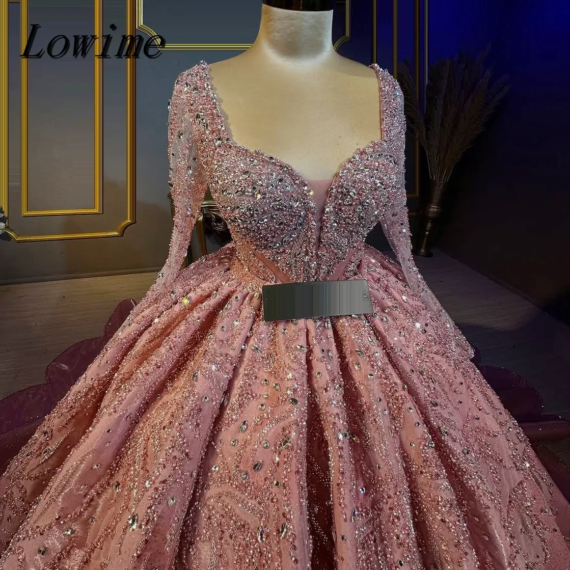 Customized Dusty Rose Long Sleeves Evening Gown with Detachable Train 3D Crystal Embellished Muslim Party Dress