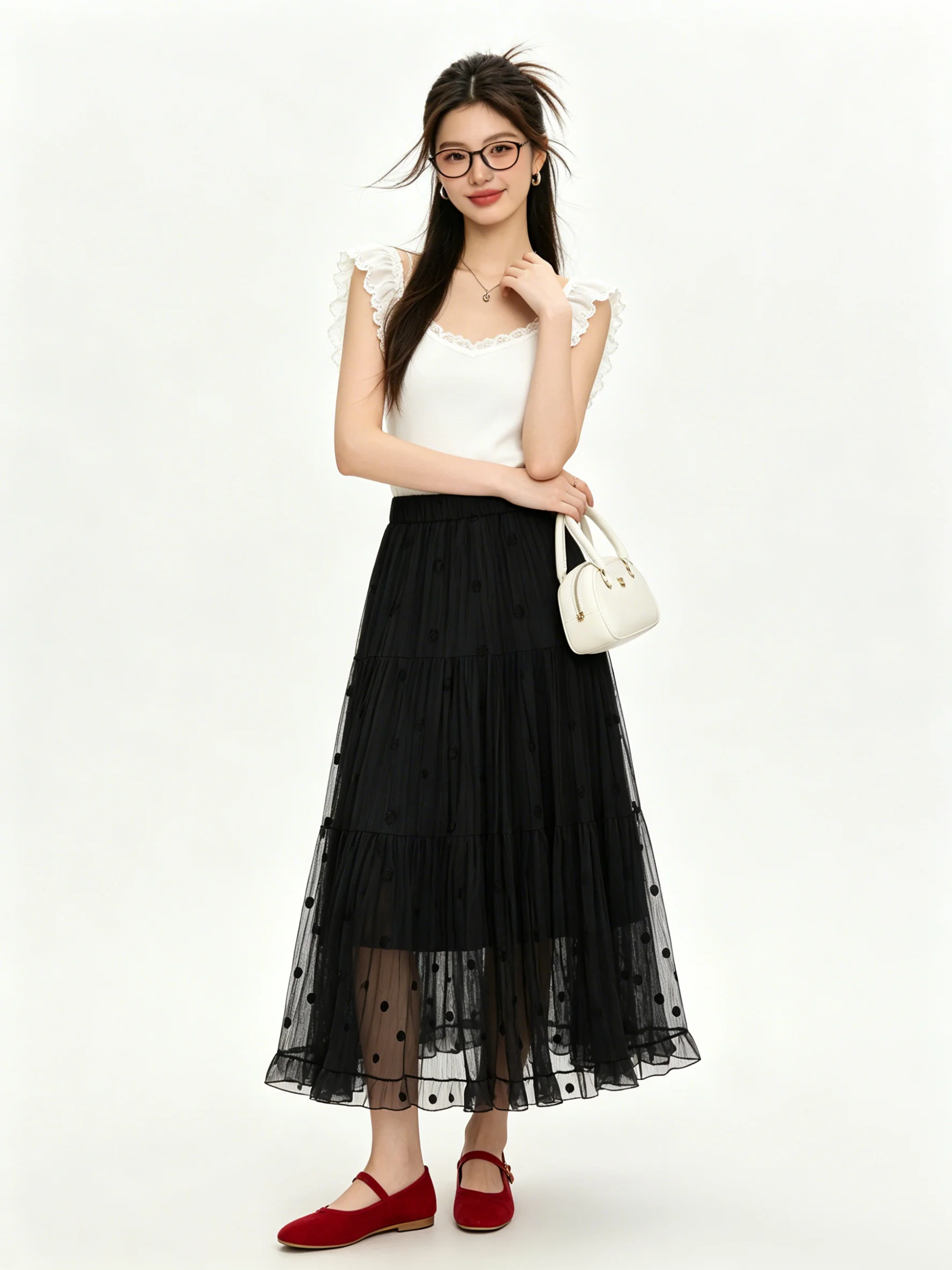 

Elegant High Waist A-Line Midi Skirt with Embroidered Lace Simple Commuter Lazy Style Design Summer Slimming Skirt for Women