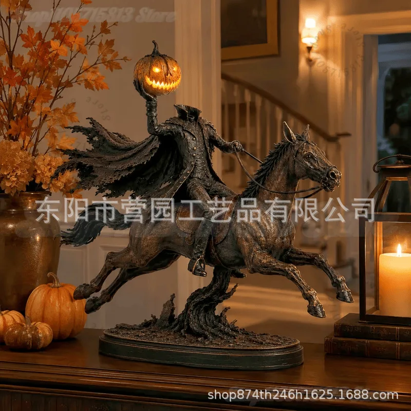 Lighted Headless Horseman Statue, Pumpkin Horse Halloween Decor  | Spooky Gothic Fantasy Figurine for Halloween Home Decor view 6