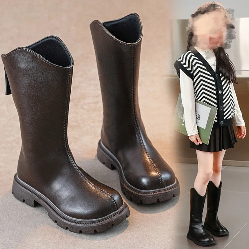 Autumn/Winter Sweet Baby Girls Round Toe Popular Casual Catwalk Boots Zipper Kids Soft Children Elegant Square Heel Warm Boots