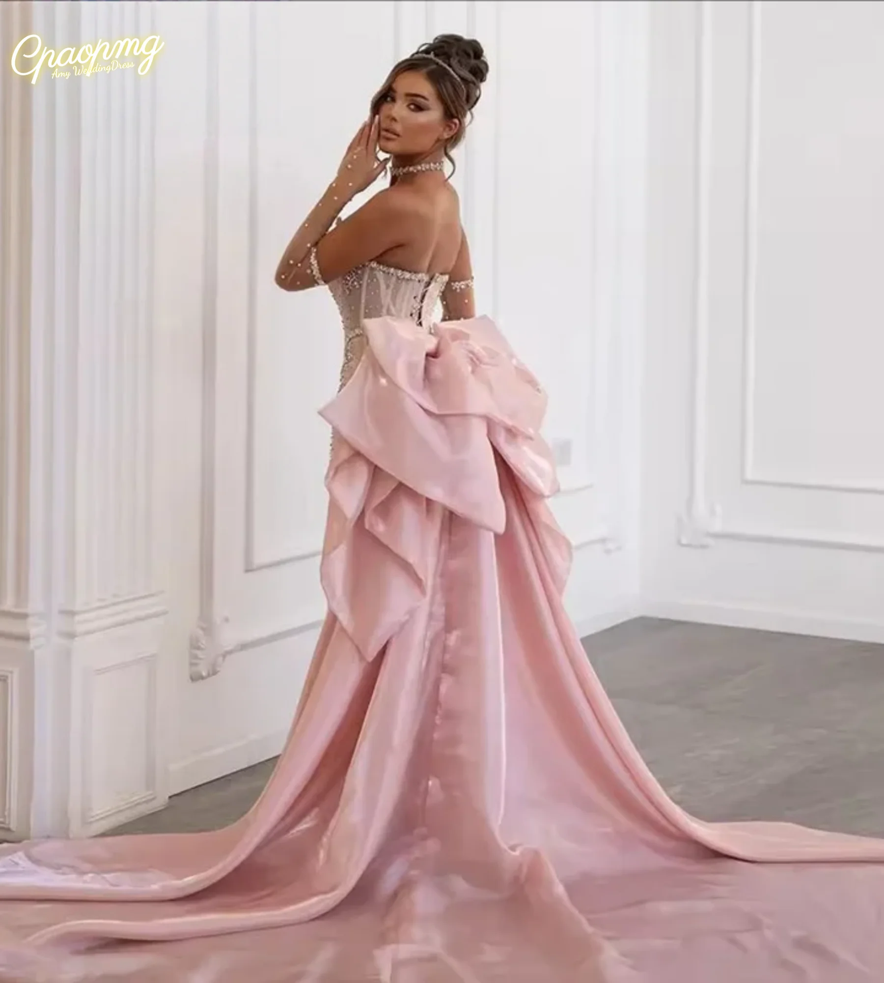 Personalizado princesa sereia sem mangas vestidos de noite casamento com strass bowknot colher pescoço vestido de novia