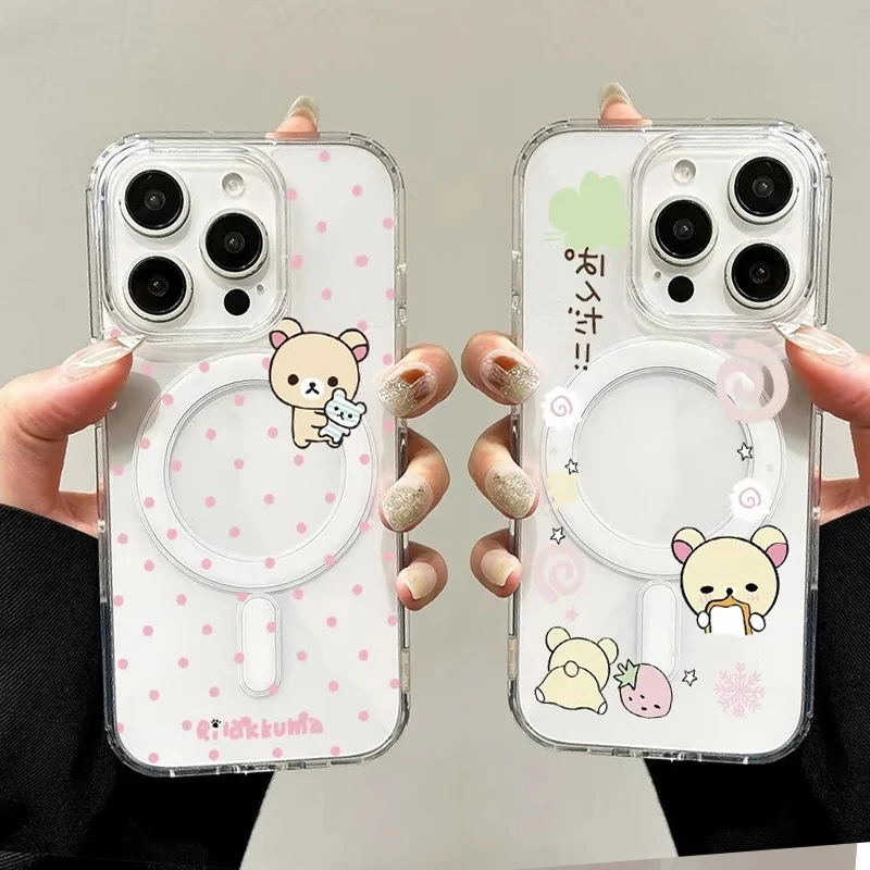 Image of Niedliche R-Rilakkuma Magnetische Handyhülle für iPhone 17 16 15 14 13 12 11 8 7 Air Plus Pro Max X XR XSMax Transparente Hülle Rosa Polka Dots