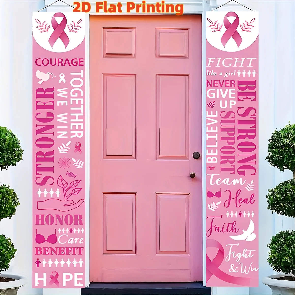 Bannière de porte en polyester rose pour la sensibilisation au cancer du sein – Courage, Espoir, Foi, Charité – Décoration suspendue pour porche avant (paire)