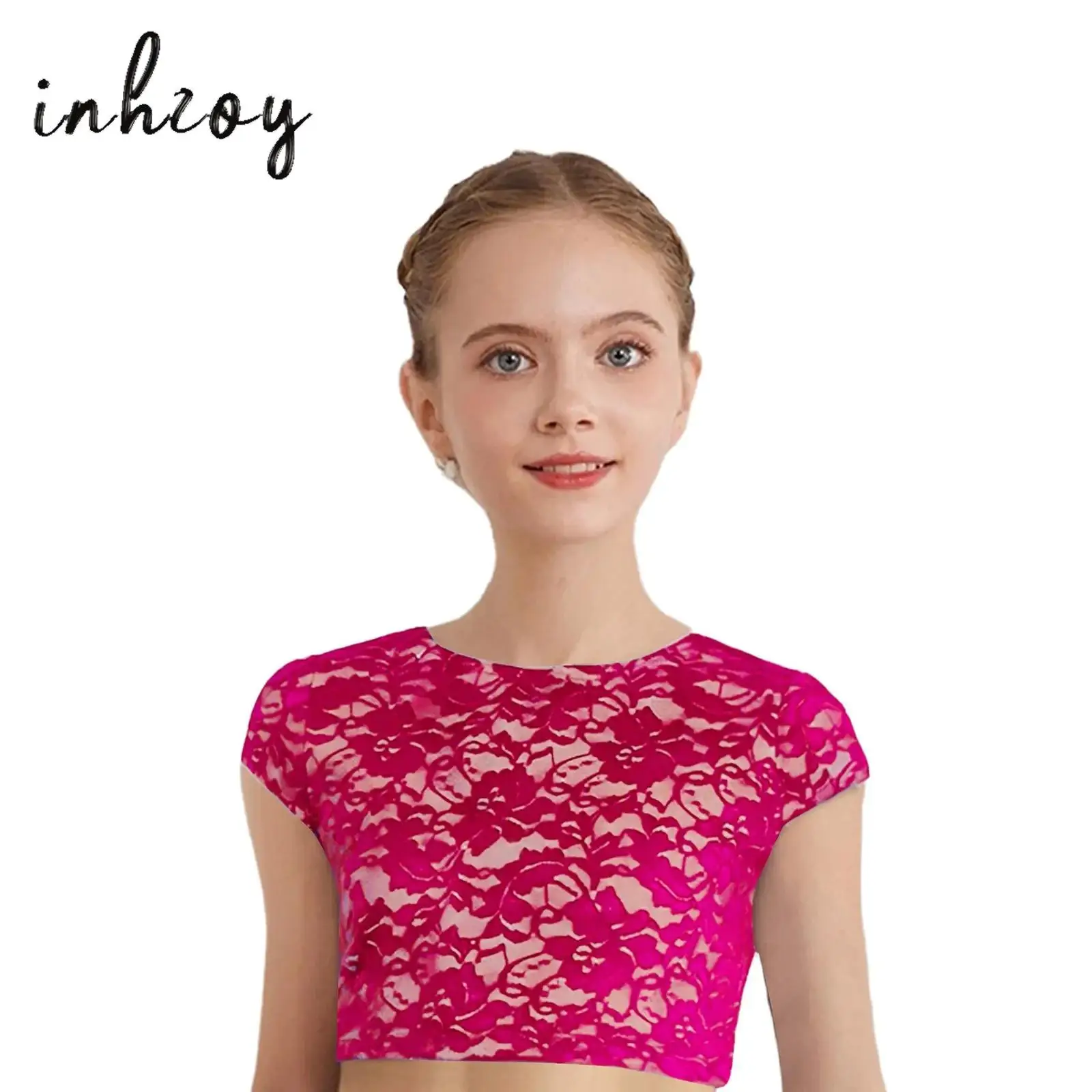 

Kids Girls Ballet Dance Top Shirt Floral Lace Round Neck Cap Sleeves V-Back Crop Top for Gymnastics Workout Performance Costume