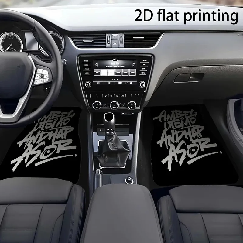 4pcs Car Floor Mats, White Graffiti Letters On A Black Background Pattern, Made Of Polyester Fiber, Universal Car Mats, Suitable