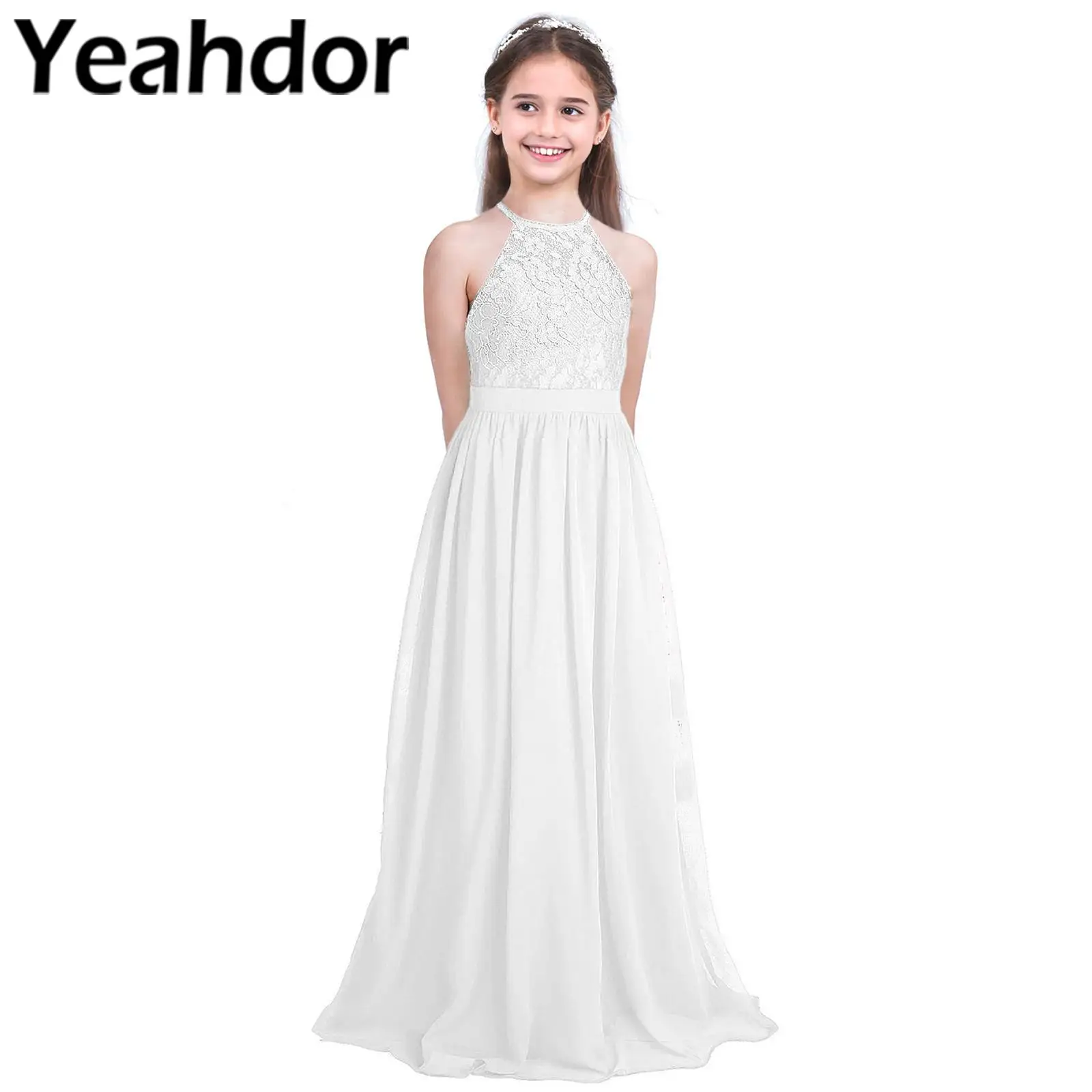 2022 Elegant Girls Princess Dress Halter Lace Brideamaid Dresses Flower Girl Dress Prom Wedding Party First Communion Clothing