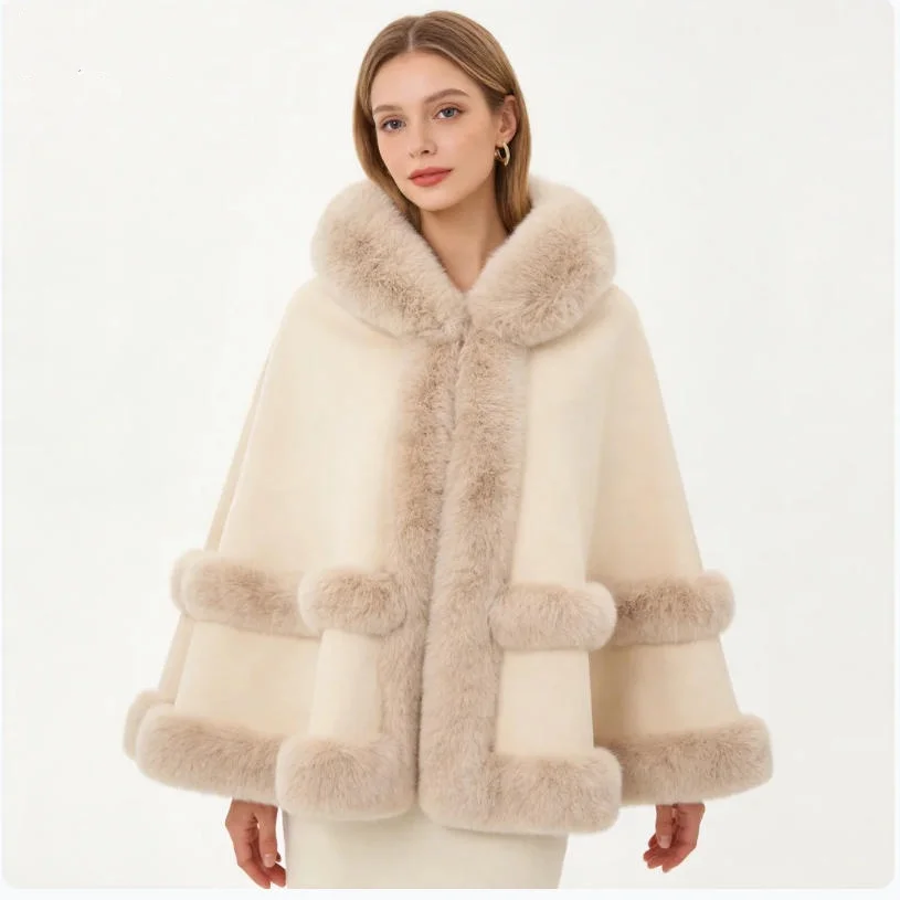 

2026 New Women's Knitted Faux Rabbit Fur Scarf Wool Shoulder Wrap Small Jacket Loose Fit Spring Autumn Cape Fashion Outerwear