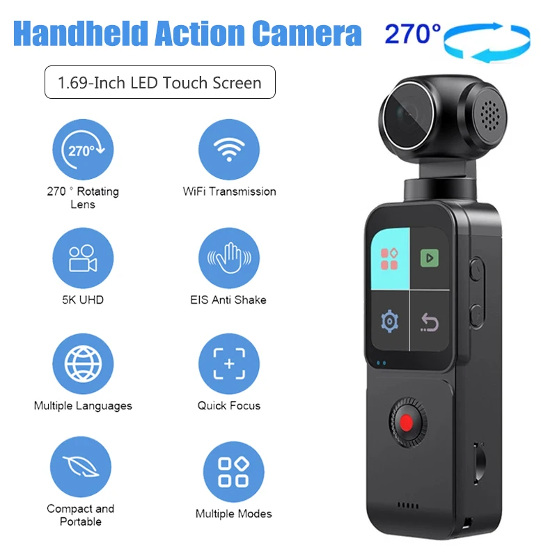 

Экшн-камера 4K/5K Ultra HD с Wi-Fi, сенсорным экраном и функцией стабилизации изображения, модель 270 ° Автоматически вращающаяся карманная видеокамера для видеоблогов