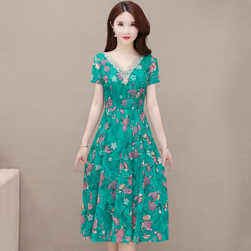 Elegant Summer 2022 New Middle-aged Mother Floral Dress For Women's Clothing Vintage Short Sleeve Large Size Chiffon Dress jp14