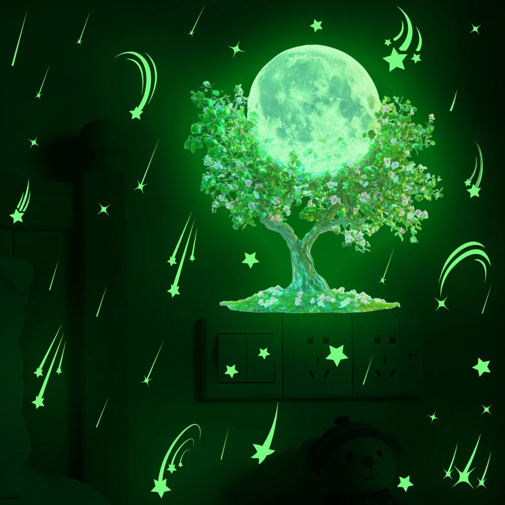 Luminous Moon Tree Meteor Sticker Glow In The Dark Self-adhesive Removable Stickers Home Decoration Fluorescent Decal Room Decor