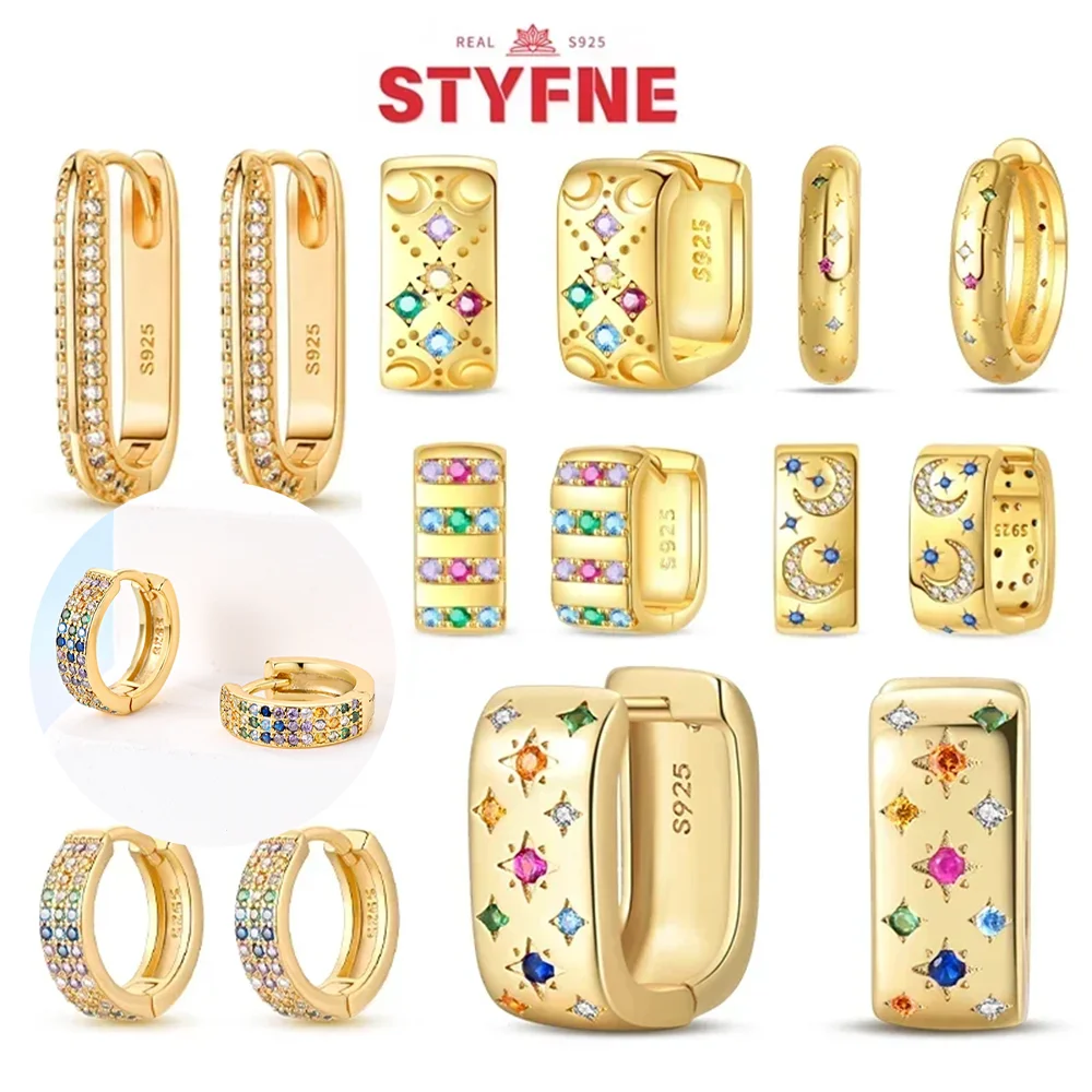 

Hot Sale Golden Earrings 925 Silver Round Square Hoop Earrings Colorful Zircon Elegant Earrings Party Jewelry for Women Matching