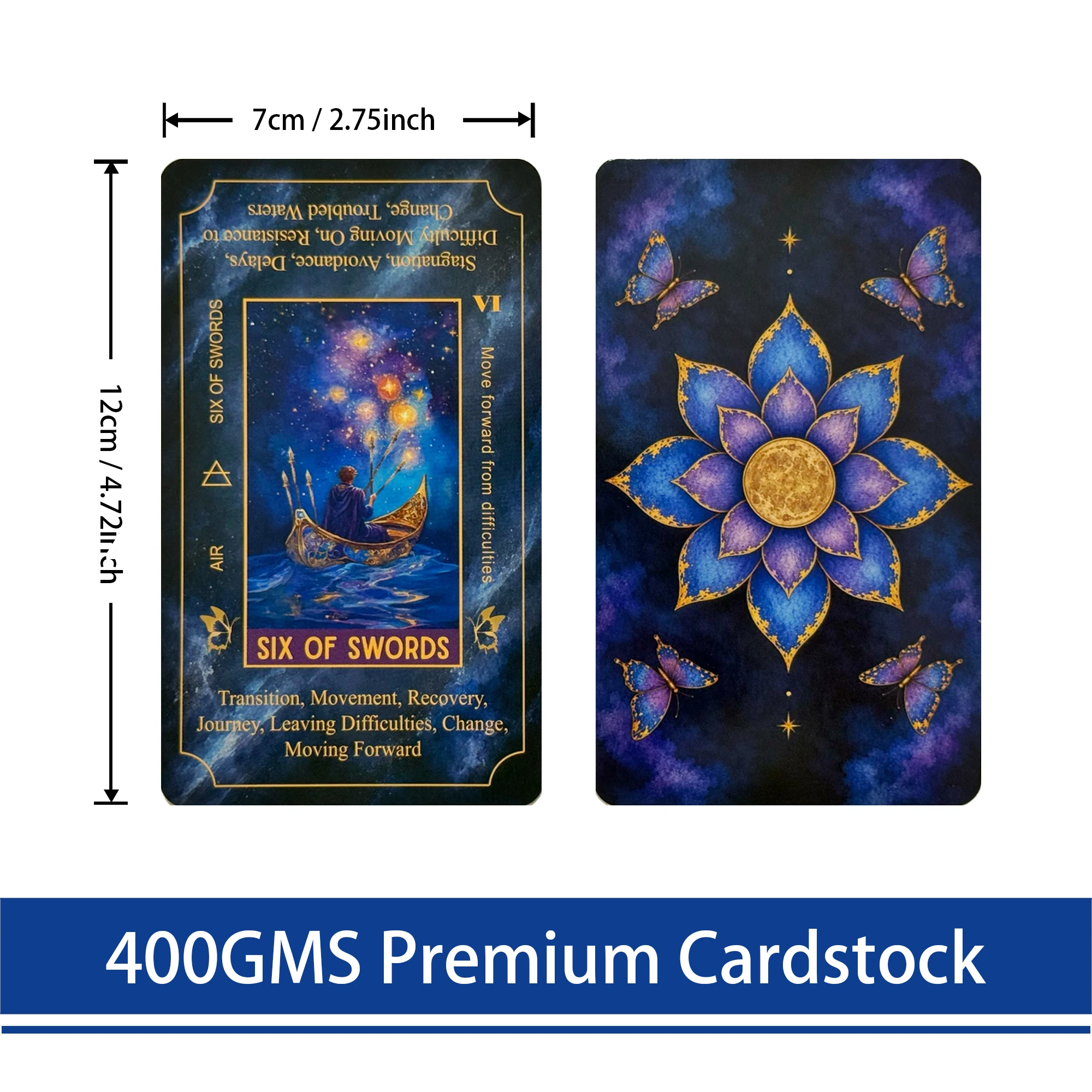 Celestial Tarot Cards Keyword Edition, 78 Cards for Beginners, Tarot Study, Blue & Gold Cosmic Artwork, Daily Reading, 12*7cm