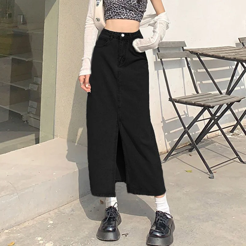 Summer Lady High Waist Thin A-line Jeans Skirt Girls Classic Fashion Mid-Long Dress Female Chic Leisure Slit Denim Skirts