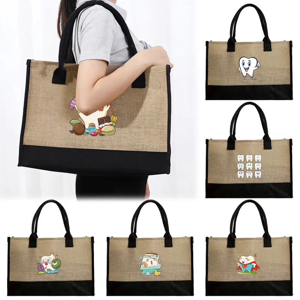 Jute Tote Bag Burlap Vintage Fashion Commuting Flax Crossbody Teeth Printing Series Reusable Grocery Shopping Handbags