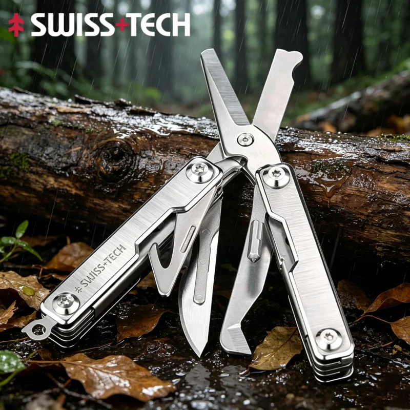 SWISS TECH 9 In 1 Rescue Survival Scissors Folding Knife Outdoor EDC Mini Multitool Keychain Multi Tools Window Breaker