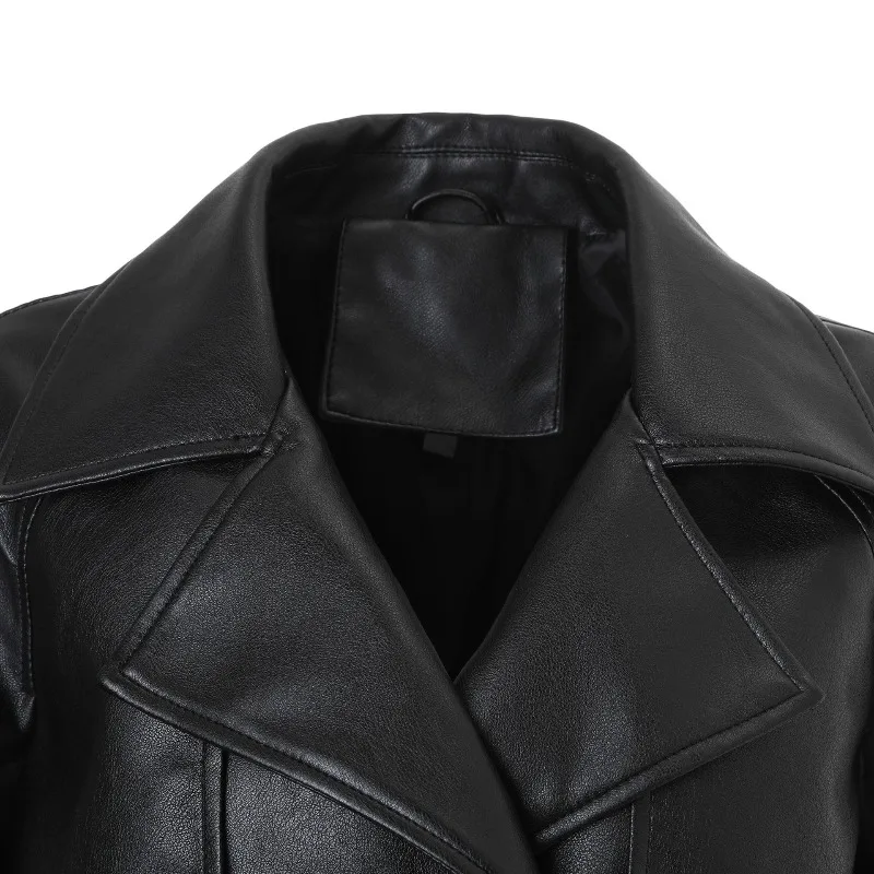 Women's PU Leather Jacket with Solid Color Lapel and Double-breasted Motorcycle Jacket. Adjustable Belt Autumn Fashion New Top.