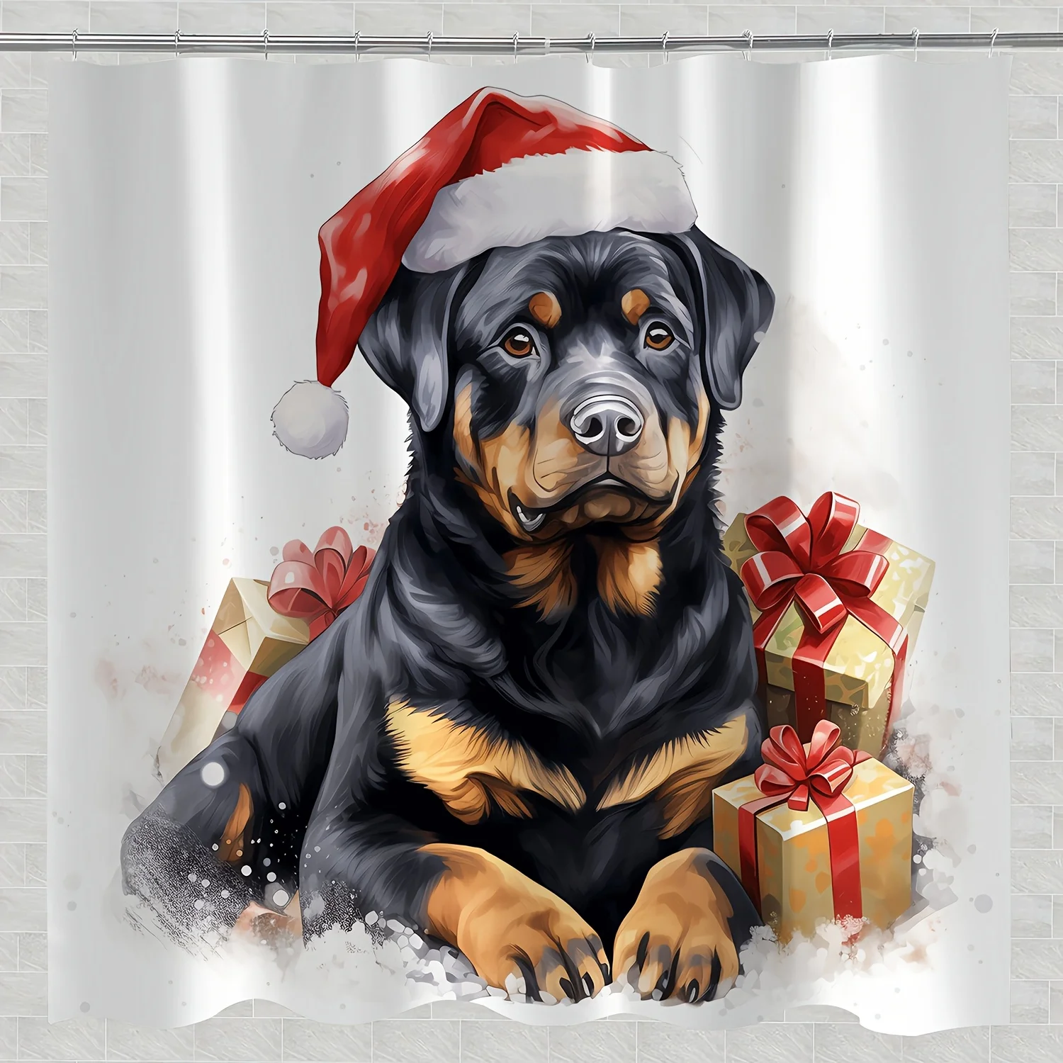 

1 шт., ручная роспись, собака ротвейлера с шляпой Санты, иллюстрация, новинка, декор для ванной комнаты, цифровая печать, водостойкая полиэстеровая ванна