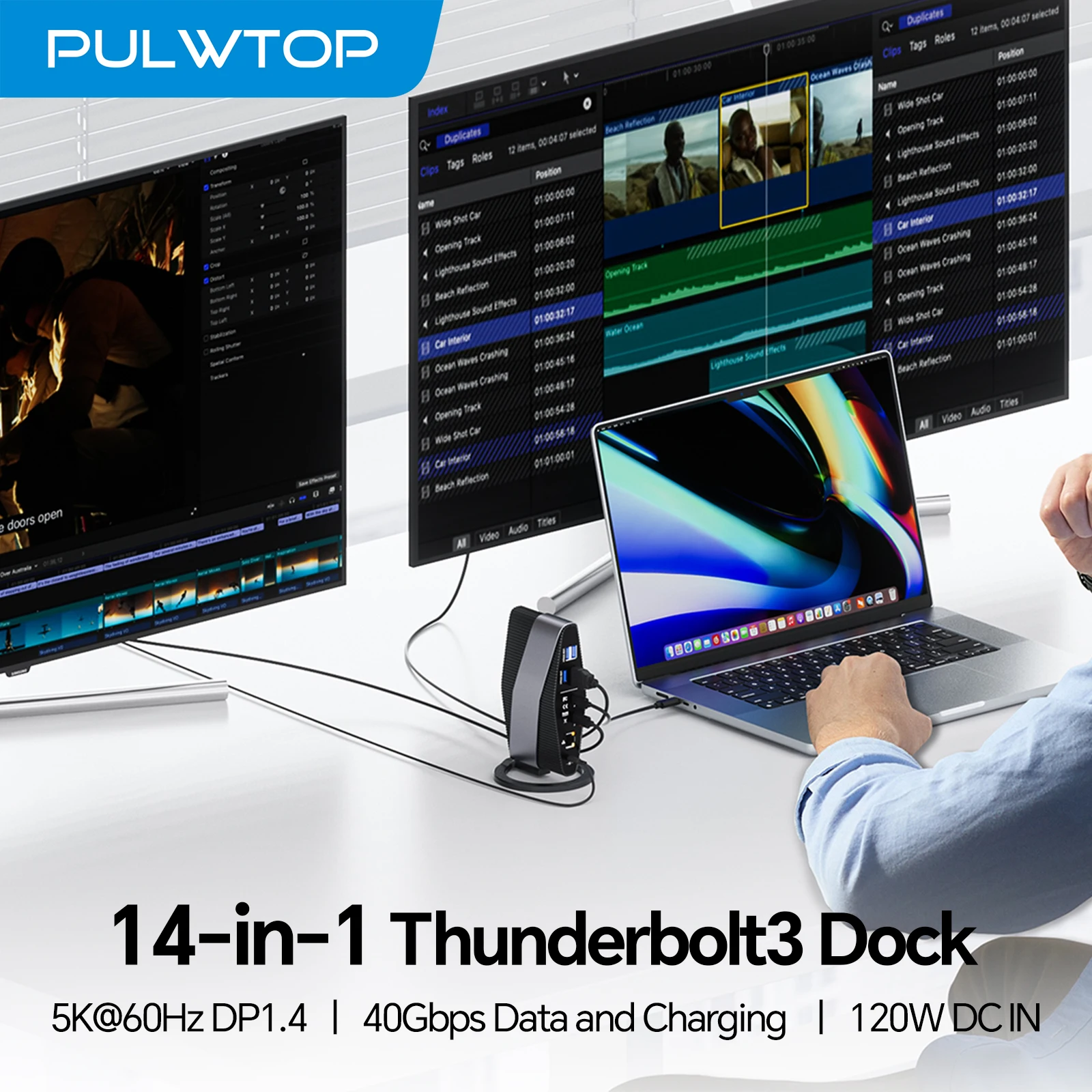 

PULWTOP Thunderbolt 3 Dock with Dual Monitor 4K Display, 40Gb/s, SD/TF4.0,USB A/C 10Gbps for Windows/Macbook/Mac Mini