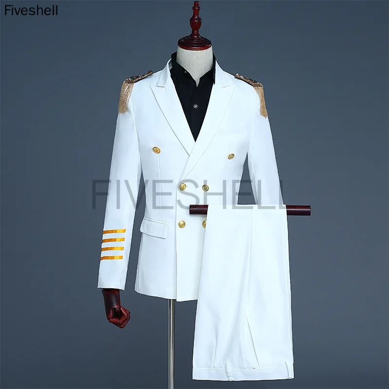 S-4XL Captain Officer Sailor Peacoat Costume Mens Blazer Suit Military Fringe Marching Band Jacket Uniform For Adult Coat+Pants