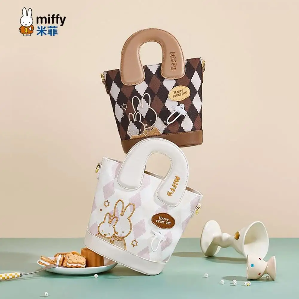 

Miffy Checkered Handbag Brown White With Bunny Pattern Fashion Small Tote Bag For Women Cute Cartoon Daily Bag