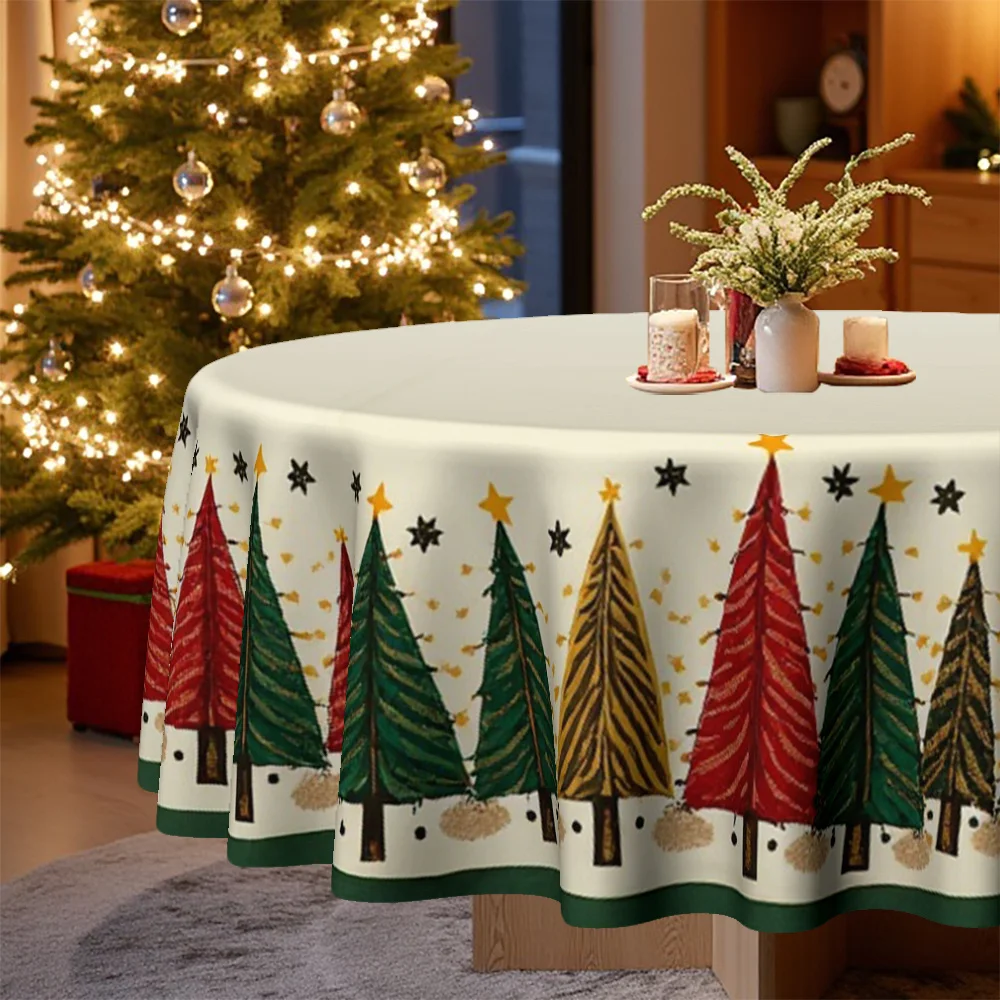 A Christmas-themed tablecloth with a festive pine motif, perfect for family kitchens and dining rooms