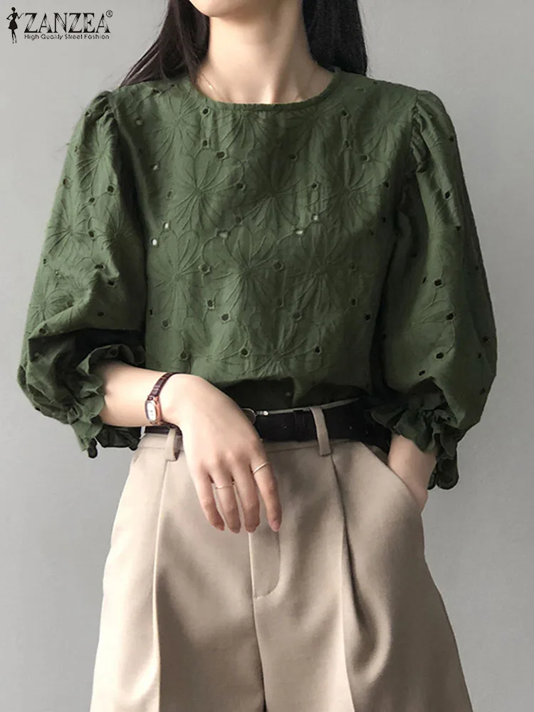 2024 ZANZEA Women Fashion 3/4 Sleeve Ruffles Shirt Solid Hollow Out Blusas OL Work Tops Tunic Elegant Embroidery Floral Blouse