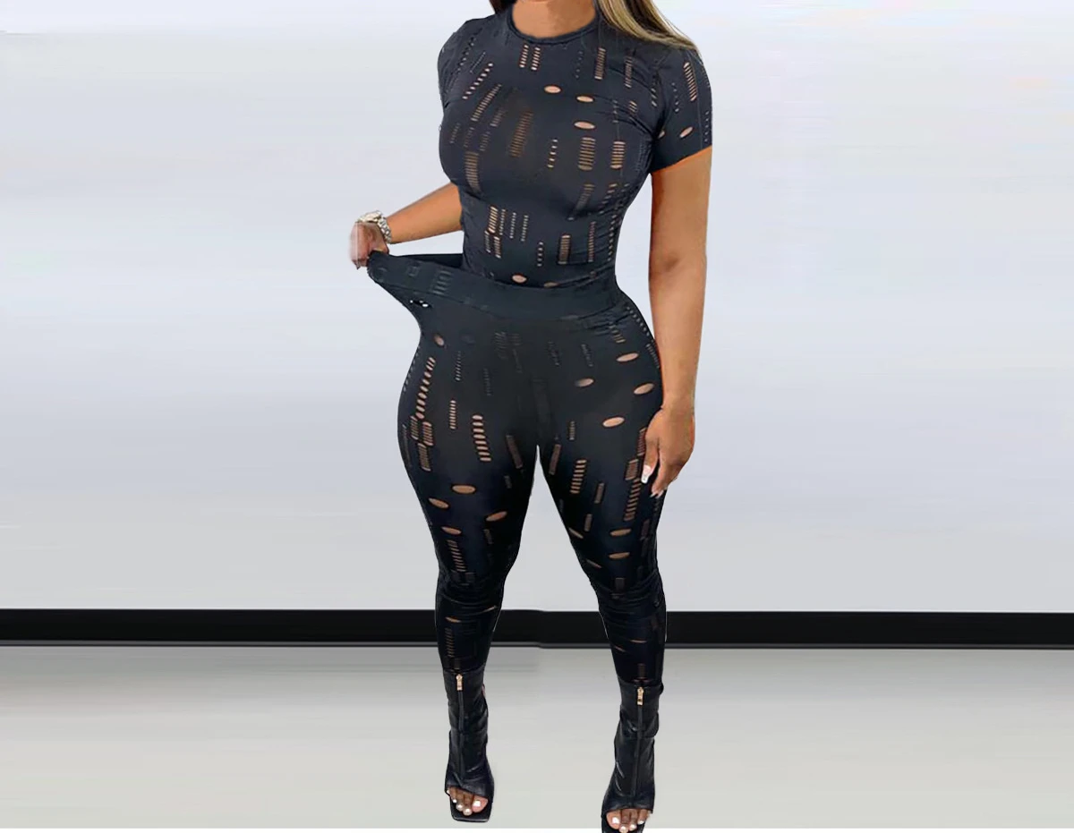 Women Sets Two Pieces 2024 Summer Streetwear Solid Hollow Out Round Neck Short Sleeve Top and Tight Pants Suits Trousers Female