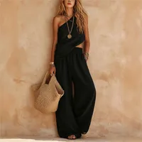 Summer Women 2 Piece Set Slant Collar Asymmetrical Sleeveless Top Bare Midriff Long Pants Solid-colored Loose Wide Leg Pants Set - Image 4