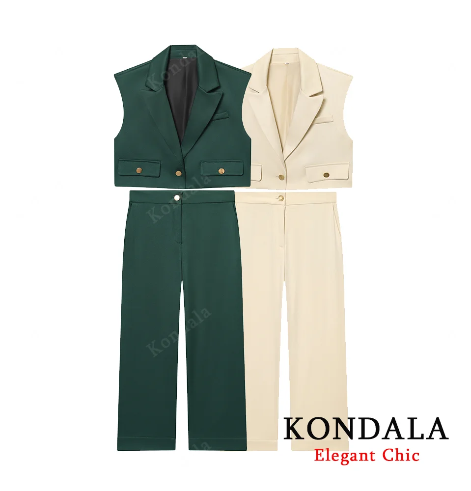 

KONDALA Women Elegant Pants Set Single-Button Lapel Vest OR Wide-leg Pants New 2025 Spring Fall Fashion Party Dinner Pants Set