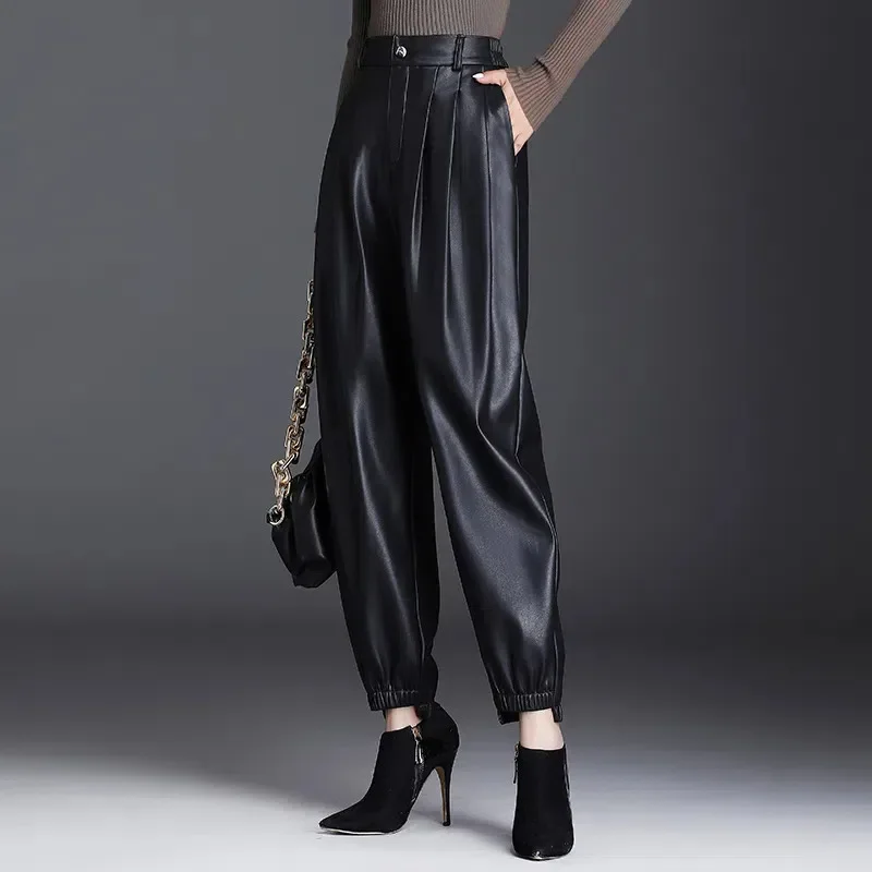 

Black Leather Pants Women Elastic Waist Harem Pants 2022 Autumn Winter New Thin Velvet High Waist Female Fashion Loose Trousers