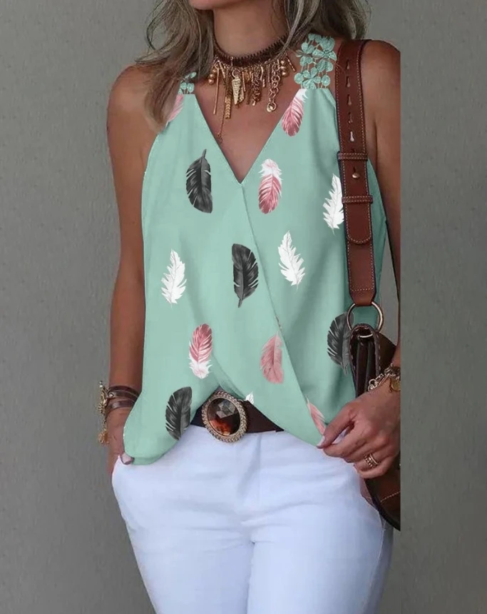 

Beautiful Girl 2024 Fashion Feather Print Lace V-Neck Sleeveless Leisure Vacation Vest Y2K Clothes In Stock