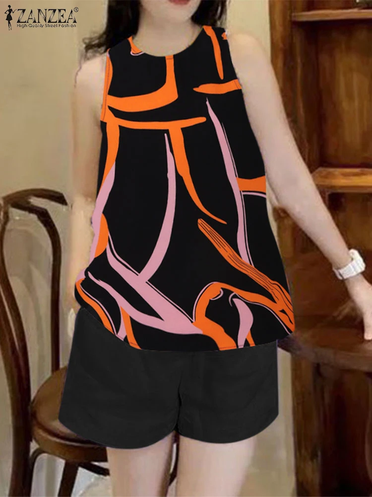 

Женские короткие комплекты ZANZEA, летние майки без рукавов, топы, брючный костюм, повседневные комплекты из двух предметов, спортивные костюмы с богемным принтом, большие размеры 2024,