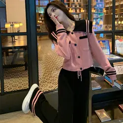 Women's Spring Autumn Sproty Sweatshirt Coats Pants Two Piece Set Lady Pink Patchwork Jackets Wide Leg Trousers Outfits 2024