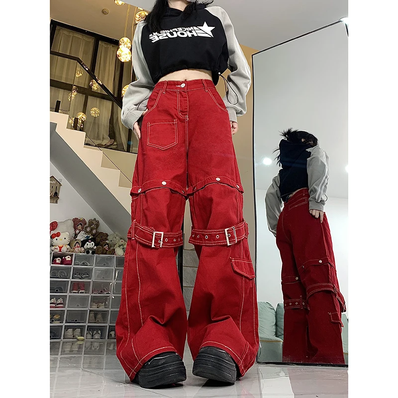 WCFCX STUDIO Chic Hip-hop Women Red Cargo Pants 2-In-1 Detachable Baggy Jeans Y2k Wide Leg Trousers 90s Retro Streetwear