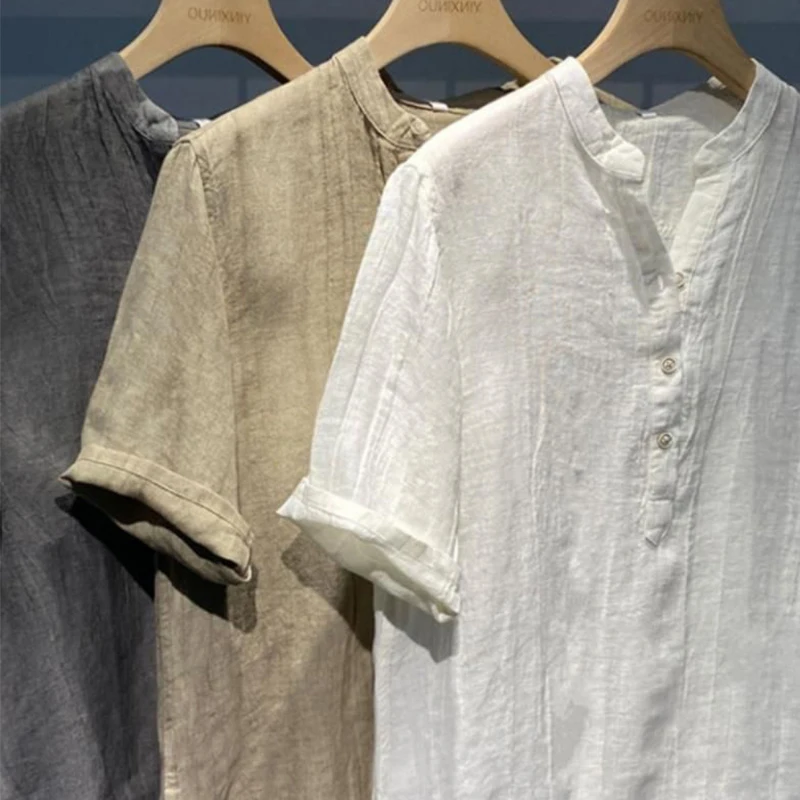 Vintage American Men Cotton Linen Short Sleeve Shirts Henley Collar Loose Plus Size Casual Breathable Solid Summer Beach Tops