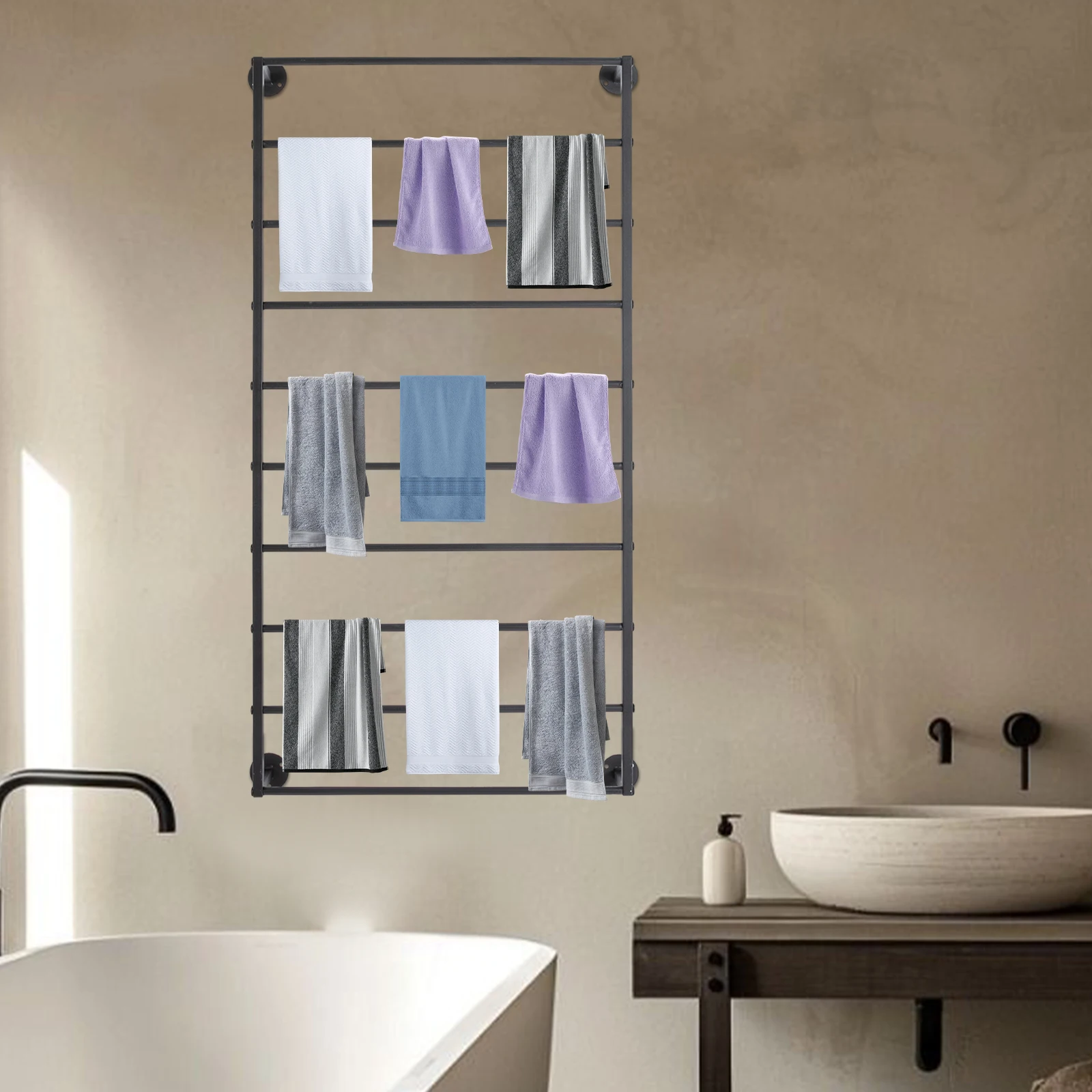 

Wall Mounted Scarf Rack Black Iron 10 Tiers Modern Rectangle Towels Storage Baking Paint Indoor Wall Mount