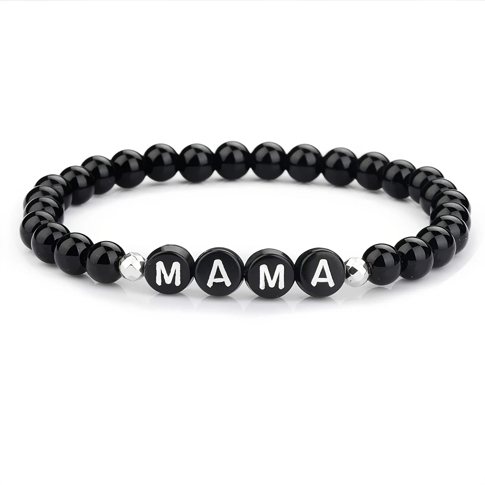 FTCY Couple\'s Black Obsidian Bracelets MAMA DAD Mother Father Chains in Hand Valentine\'s Present Blackstone Beads Jewelry Gift