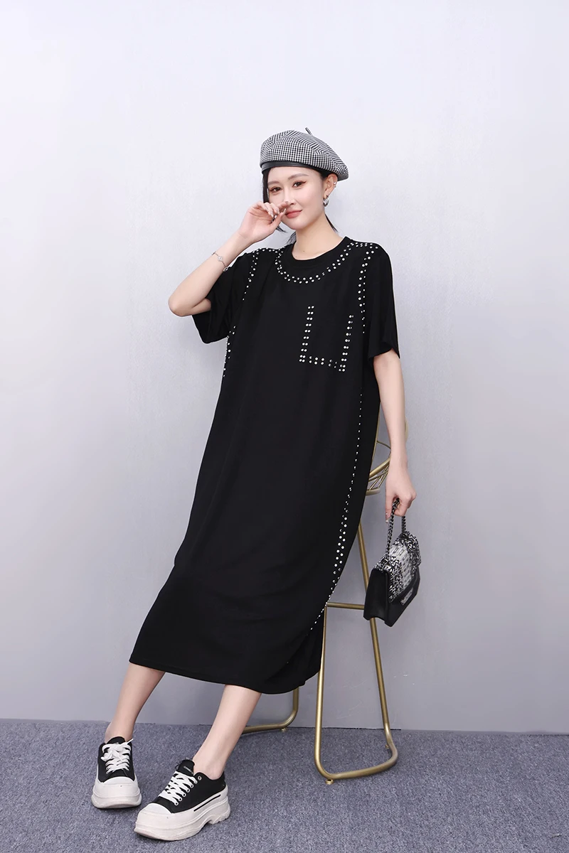 2025 夏のファッションエレガントな黒のレトロな O ネックルーズロング Tシャツドレス女性卸売 J1088