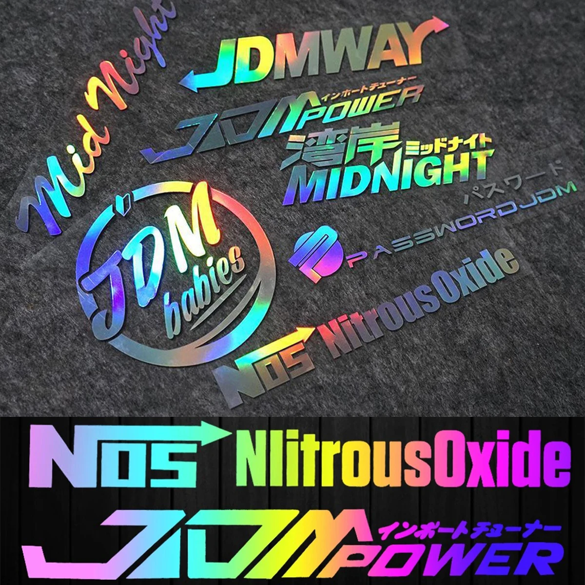 JDM Laser Rainbow JDM Midnight Car Sticker Motorcycle Auto Body Windshield Window Rear Trunk Helmet Decorative Accessories Decal