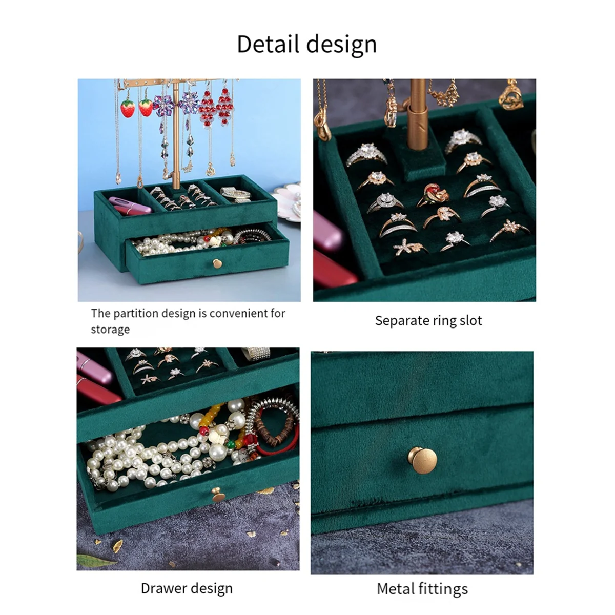 AOA-2 Tiers Jewelry Rack Wooden Emerald Base Ring Jewelry Storage with Drawer Bracelet Storage Box Jewelry Display Rack A