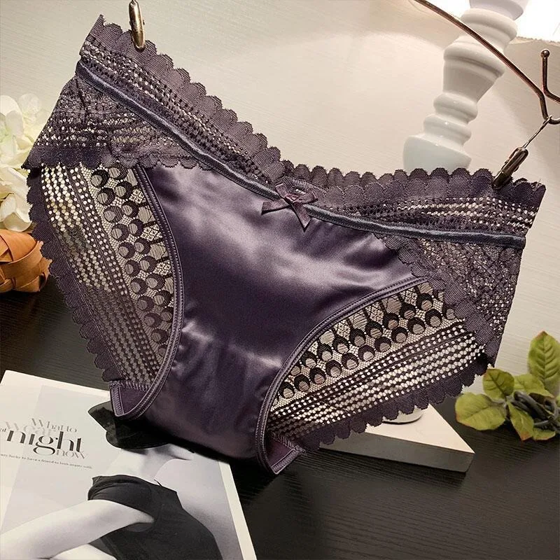 Lace Panties Women Ice Silk Seamless Sexy Transparent Plus Size Underwear Ladies Crotch Briefs Summer New Hollow Out Underpants