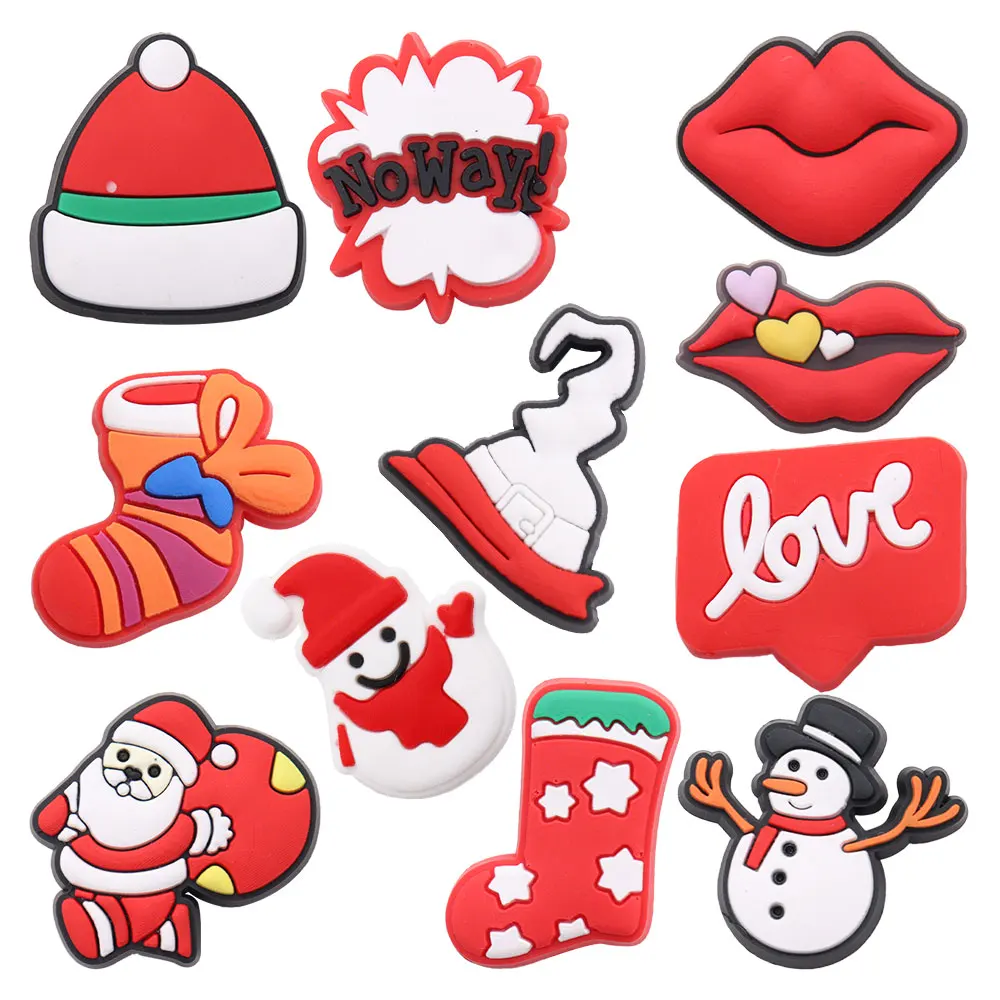 1pcs Cartoon Hat Lips Love Socks Snowman Santa Claus PVC Shoe Charms Buckle Fit Wristbands Sandals Shoes Decoration Xmas Gifts