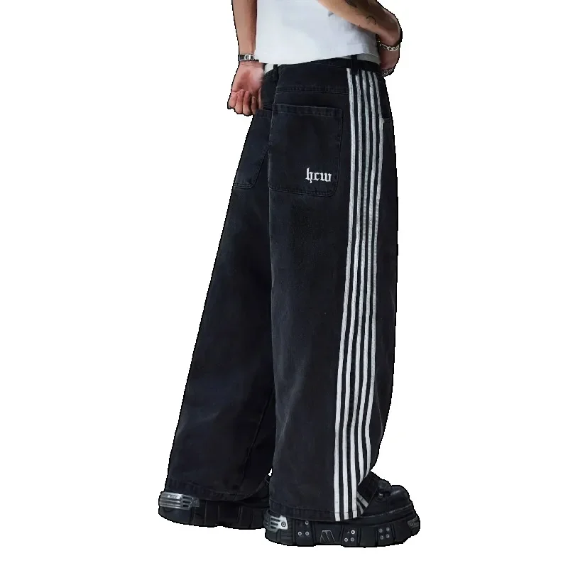 Pantalones vaqueros negros de rayas antiguas para mujer, moda coreana, pantalones casuales de pierna recta, pantalones clásicos de una sola cuerda, Y2k Harajuku