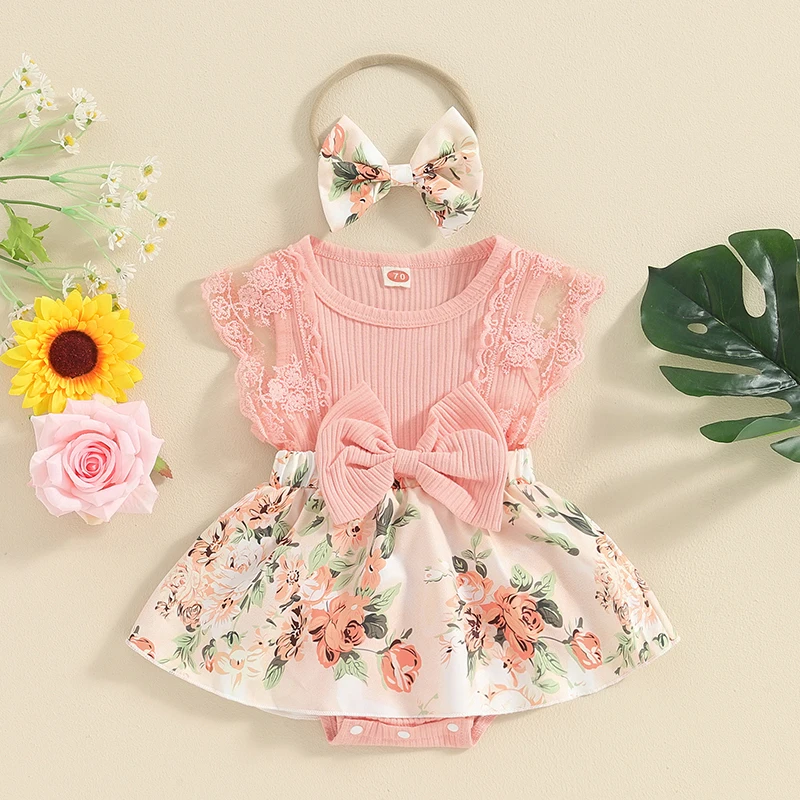 

Adorable Toddler Girl Sleeveless Romper with Bowknot Headband Set Floral Print Lace Patchwork Jumpsuit Dress Summer Fashion