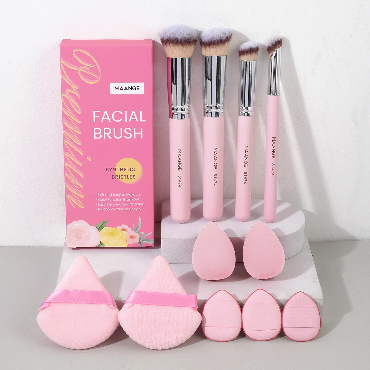 

MAANGE 11PCS Professional Makeup Tool Kit 4PCS Foundation Brushes with 7PCS Powder Puff Washable Triangle Velvet Cushion Puff