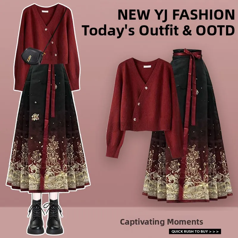 

Ele Knitted Sweater Women's Sle 2025 New Winter Design Printed Hanfu Set f Skirt Traditional Chinese Culture