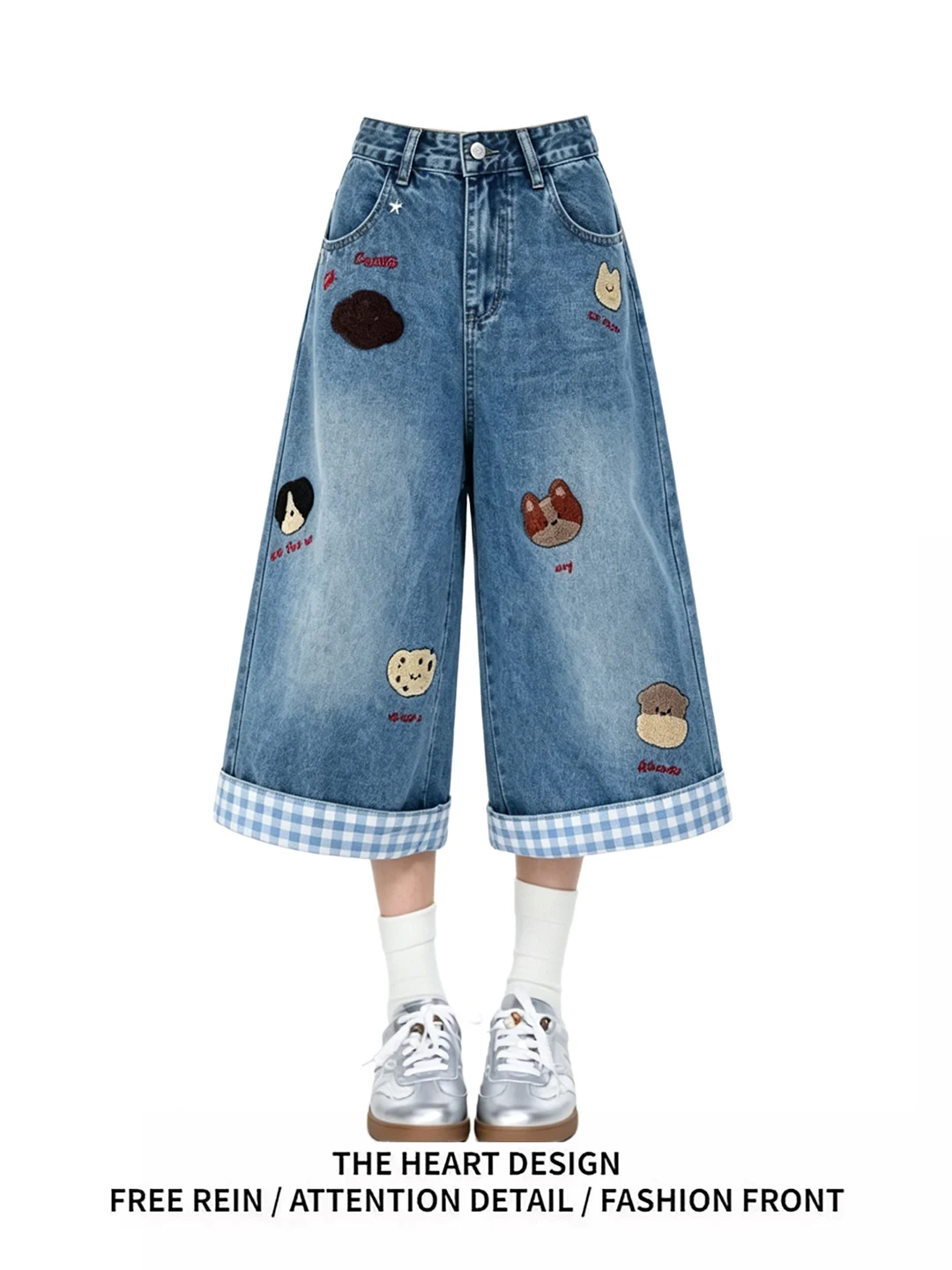 

Retro American Washed Dog Embroidery Denim Shorts Women's Summer Trend Loose Wide Leg Jeans High Waist Casual Blue