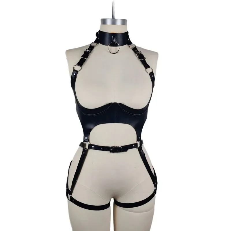 Women Fashion Punk Style Faux Leather Full Body Harness Belt, Garter Belt Set,Gothic Collocation Costume Accessories
