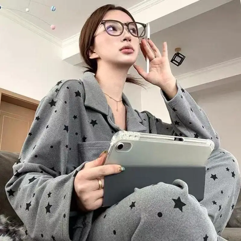 Women's Long Sleeve Long Pants Pajama Set Women's Spring Autumn Cardigan Home Clothes Sweet Student Fashion Soft Two-Piece Set